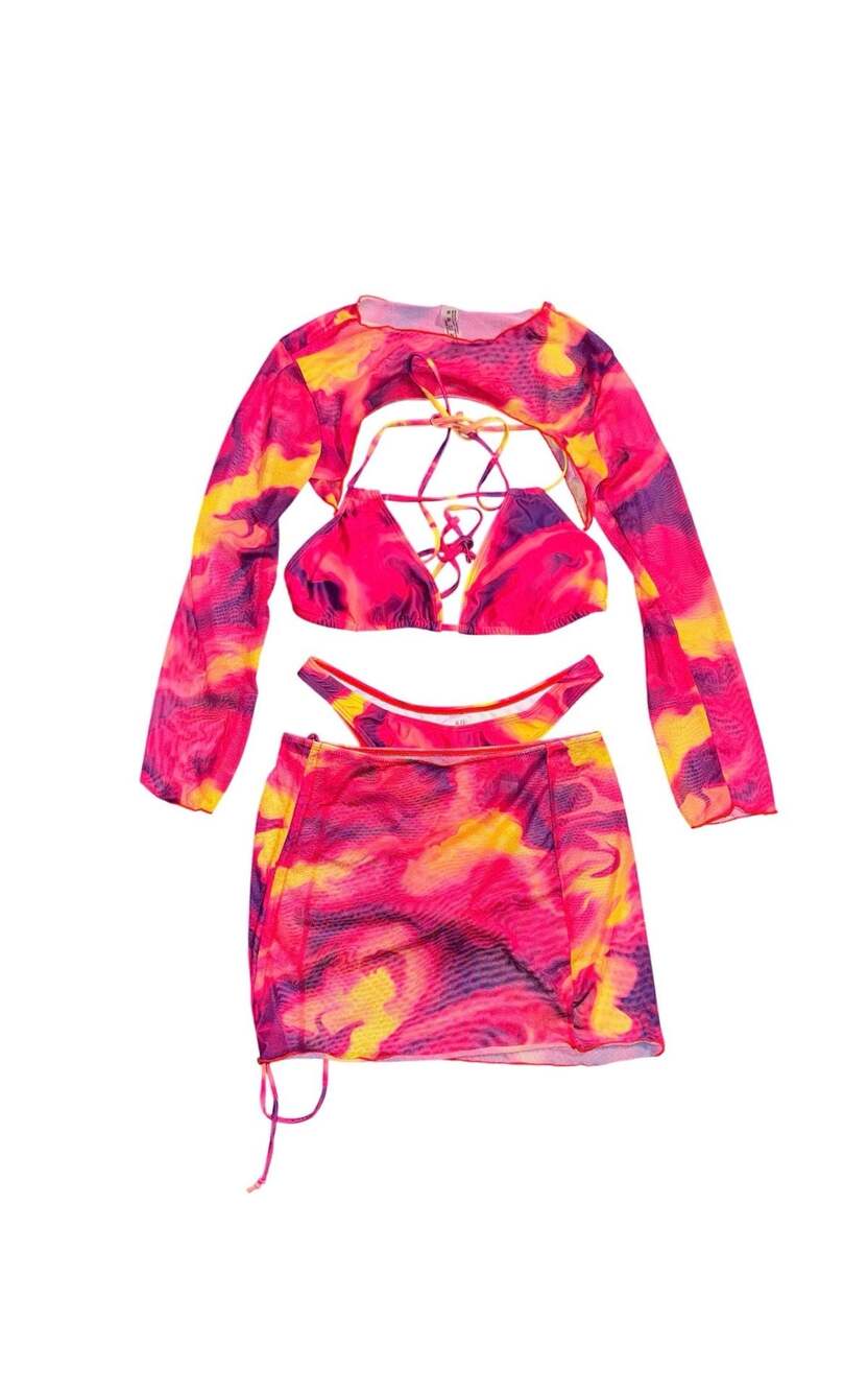 Four-Piece Colorful Swimwear Set with Shrug, Bikini Top, and Ruched Skirt